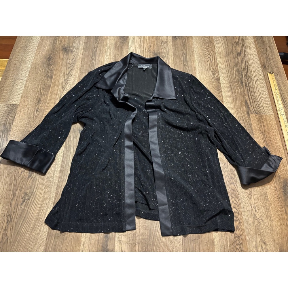 R&M Richards Jacket Woman Size 1X Black Open Front Satin Trim Glitter Evening